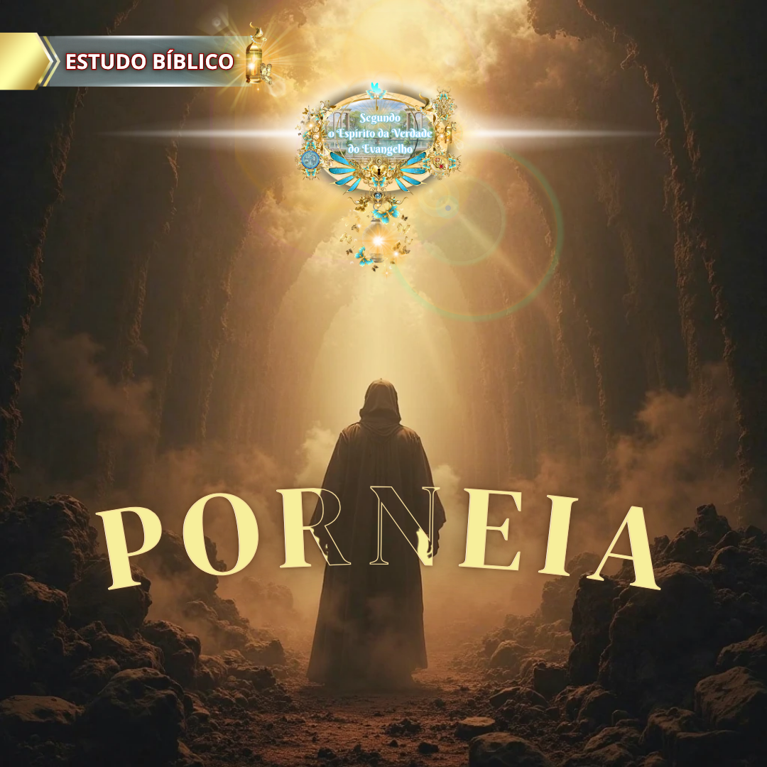Pessoa de túnica escura caminhando por um caminho em cavernas rochosas, iluminado por uma luz celestial com a palavra "PORNEIA" em destaque.