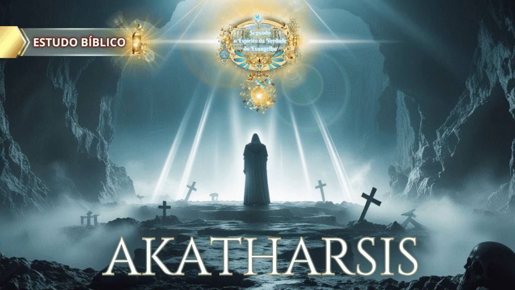Figura encapuzada envolta por luz celestial em caverna escura, com a palavra "AKATHARSIS" em destaque.