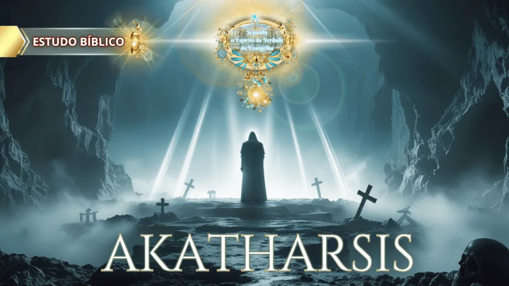 Figura encapuzada envolta por luz celestial em caverna escura, com a palavra "AKATHARSIS" em destaque.