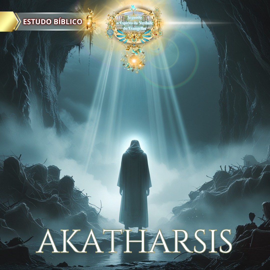 Figura encapuzada envolta por luz celestial em caverna escura, com a palavra "AKATHARSIS" em destaque.