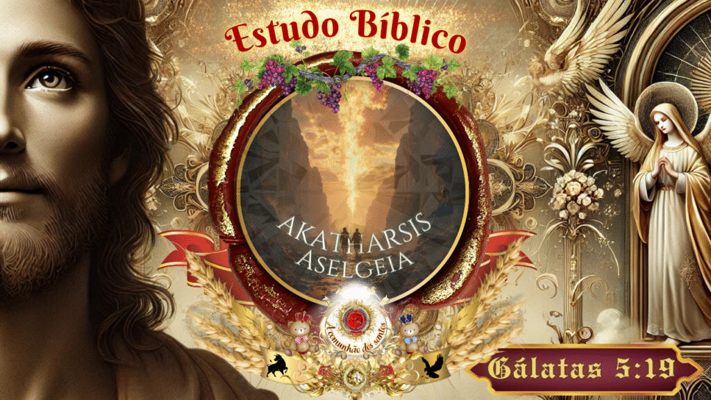 Imagem cristã com Jesus, anjos e símbolos bíblicos representando "Akatharsis" e "Aselgeia" conforme Gálatas 5:19.