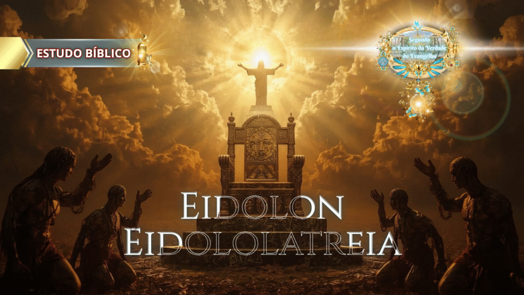 Homens ajoelhados diante de trono dourado vazio e contruído por ele, com Jesus ao fundo luminando a situação ao fundo, expondo a idolatria à Luz de Gálatas 5:20.