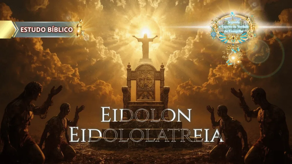 Homens ajoelhados diante de trono dourado vazio e contruído por ele, com Jesus ao fundo luminando a situação ao fundo, expondo a idolatria à Luz de Gálatas 5:20.