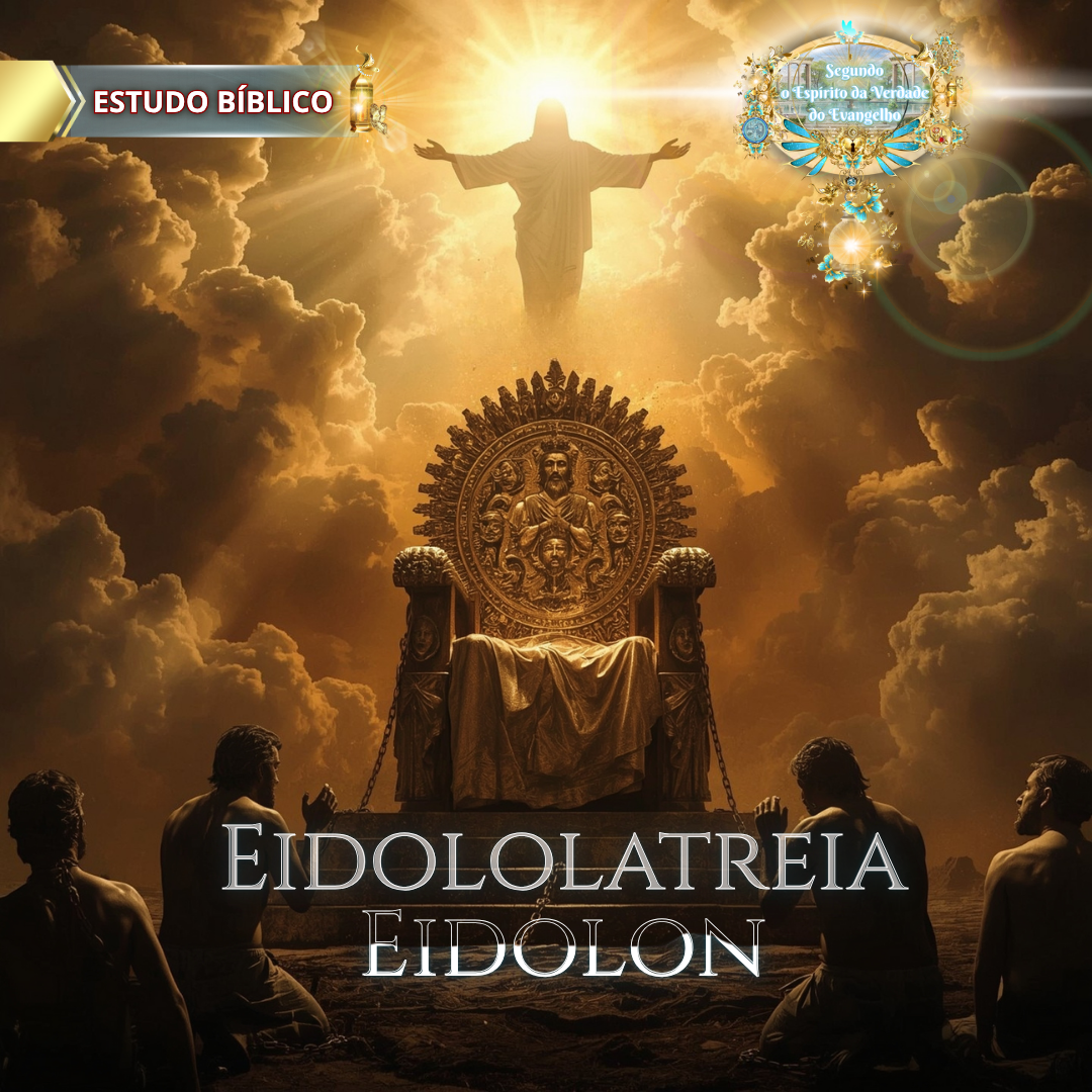 Homens ajoelhados diante de trono dourado vazio e contruído por ele, com Jesus ao fundo luminando a situação ao fundo, expondo a idolatria à Luz de Gálatas 5:20.