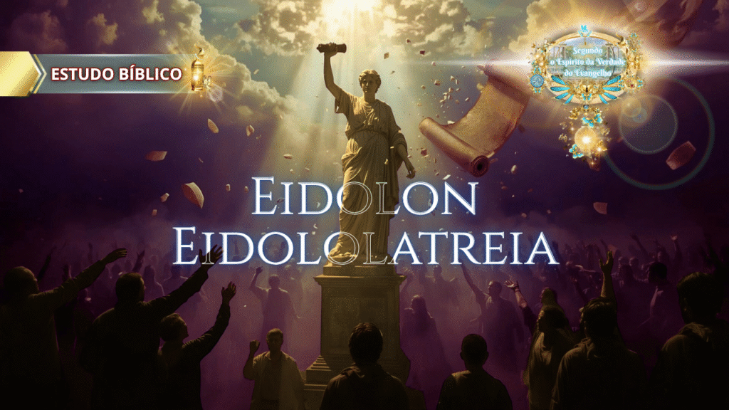 Multidão idolatrando uma estátua sob luz celestial, com pergaminhos flutuando no céu e a palavra “Eidololatreia” em destaque.