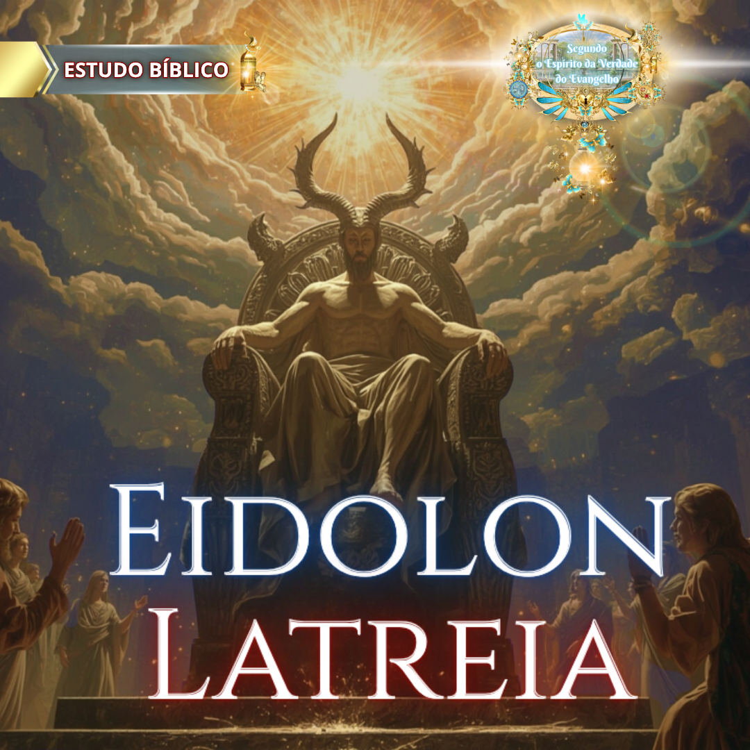 Pessoas adorando uma entidade com chifres entronizada sob luz celestial, com as palavras “Eidos Latreia” em destaque, ilustrando a idolatria segundo Gálatas 5:20.