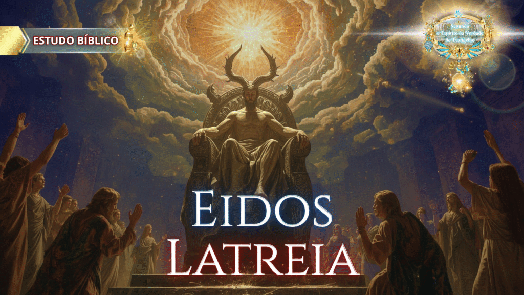 Pessoas adorando uma entidade com chifres entronizada sob luz celestial, com as palavras “Eidos Latreia” em destaque, ilustrando a idolatria segundo Gálatas 5:20.