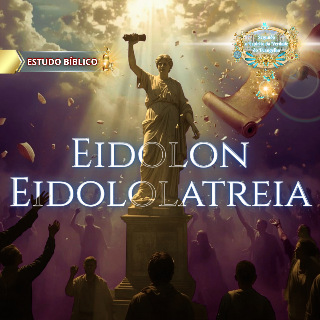 Multidão idolatrando uma estátua sob luz celestial, com pergaminhos flutuando no céu e a palavra “Eidololatreia” em destaque.