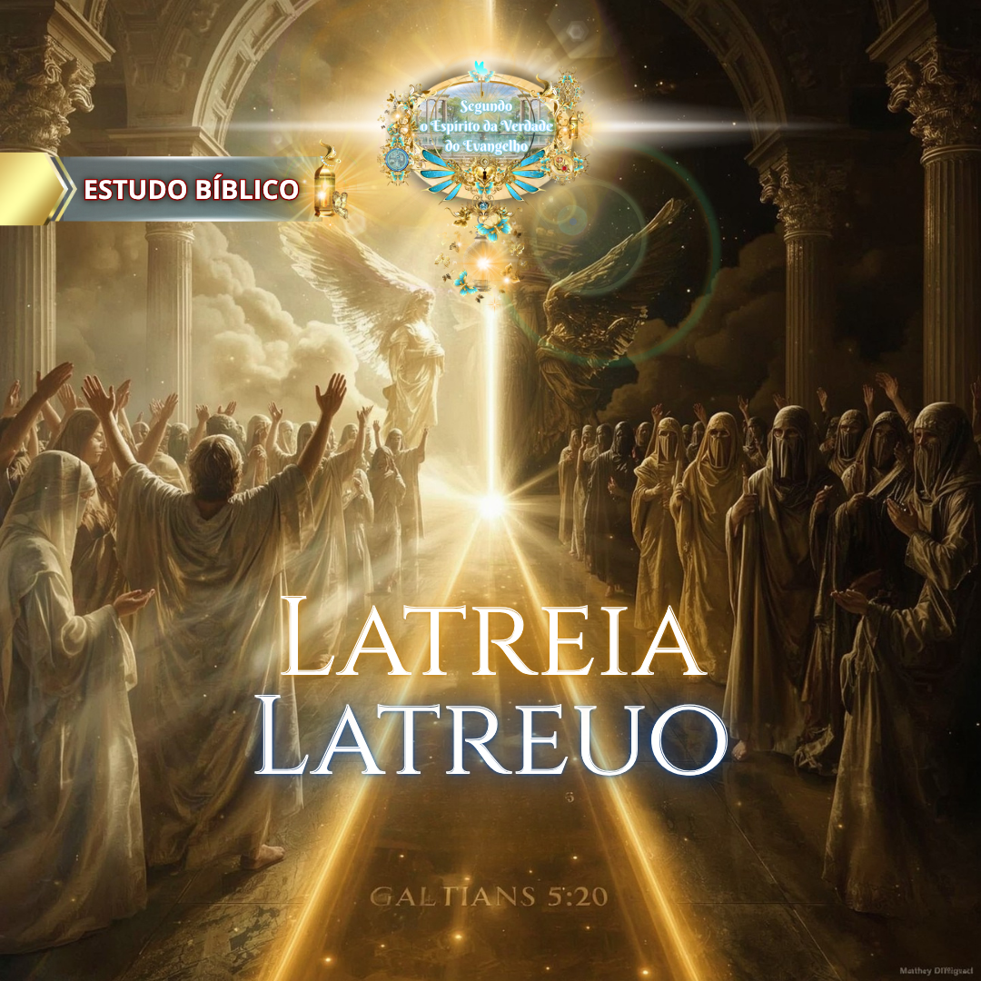 Anjos adorando sob luz celestial diante de um templo com estátuas douradas, com as palavras "Latreia" e "Latreuō", representando a adoração e o culto verdadeiro e falso em contraste.