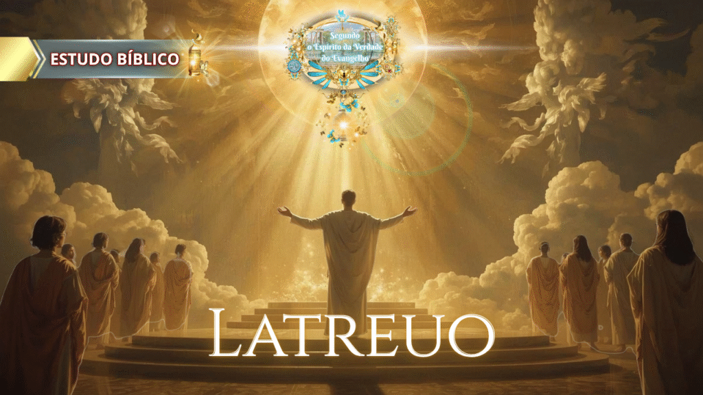 Adoração bíblica celestial com fiéis em vestes brancas louvando a Deus diante de uma luz gloriosa, simbolizando o culto espiritual Latreuo, conforme Gálatas 5:20 – Estudo da Igreja Deus e Nós.