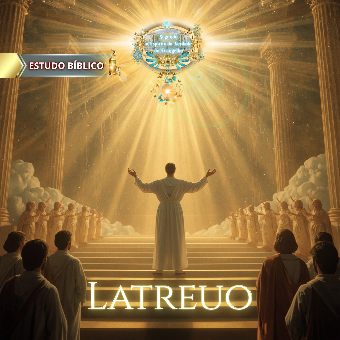 Adoração bíblica celestial com fiéis em vestes brancas louvando a Deus diante de uma luz gloriosa, simbolizando o culto espiritual Latreuo, conforme Gálatas 5:20 – Estudo da Igreja Deus e Nós.