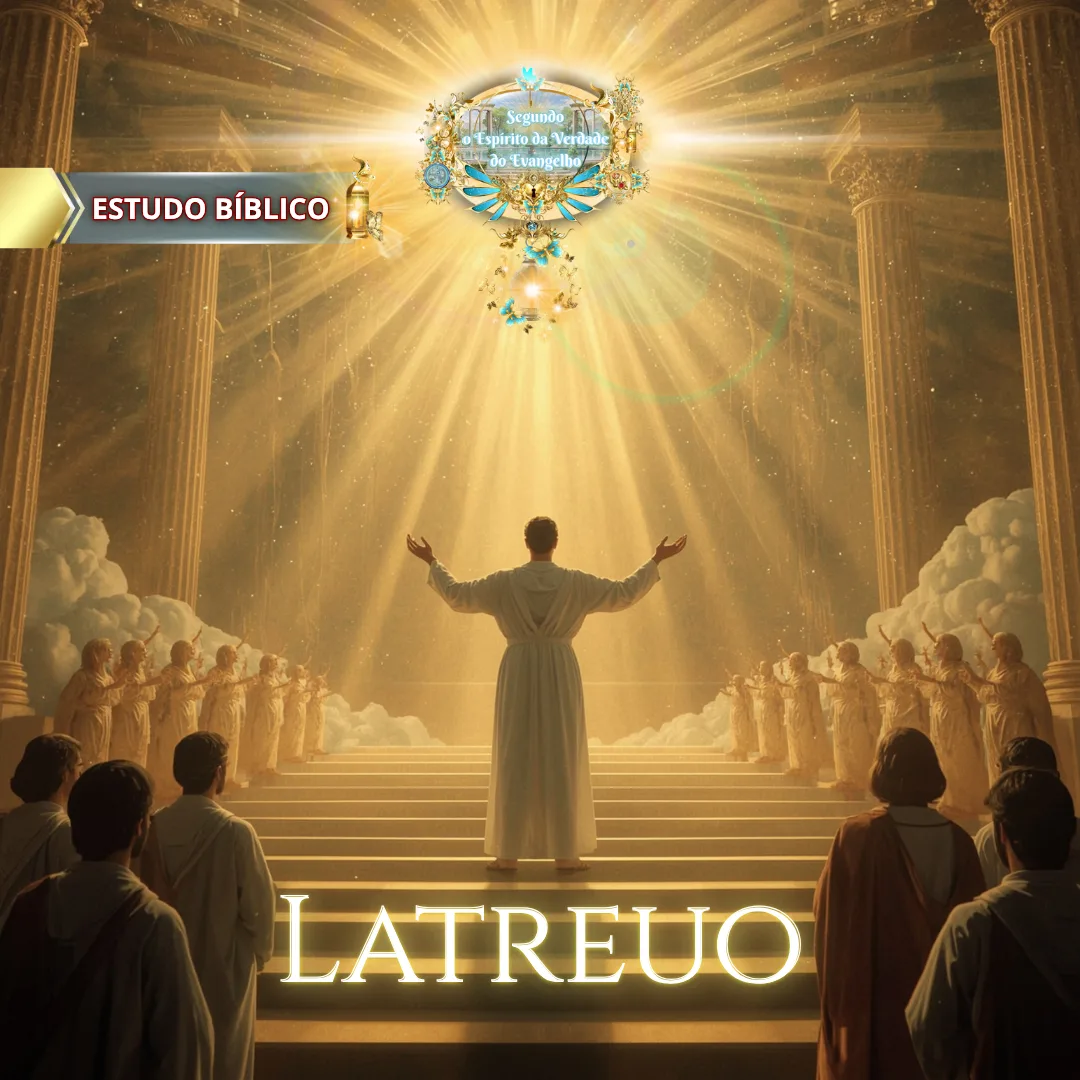 Adoração bíblica celestial com fiéis em vestes brancas louvando a Deus diante de uma luz gloriosa, simbolizando o culto espiritual Latreuo, conforme Gálatas 5:20 – Estudo da Igreja Deus e Nós.