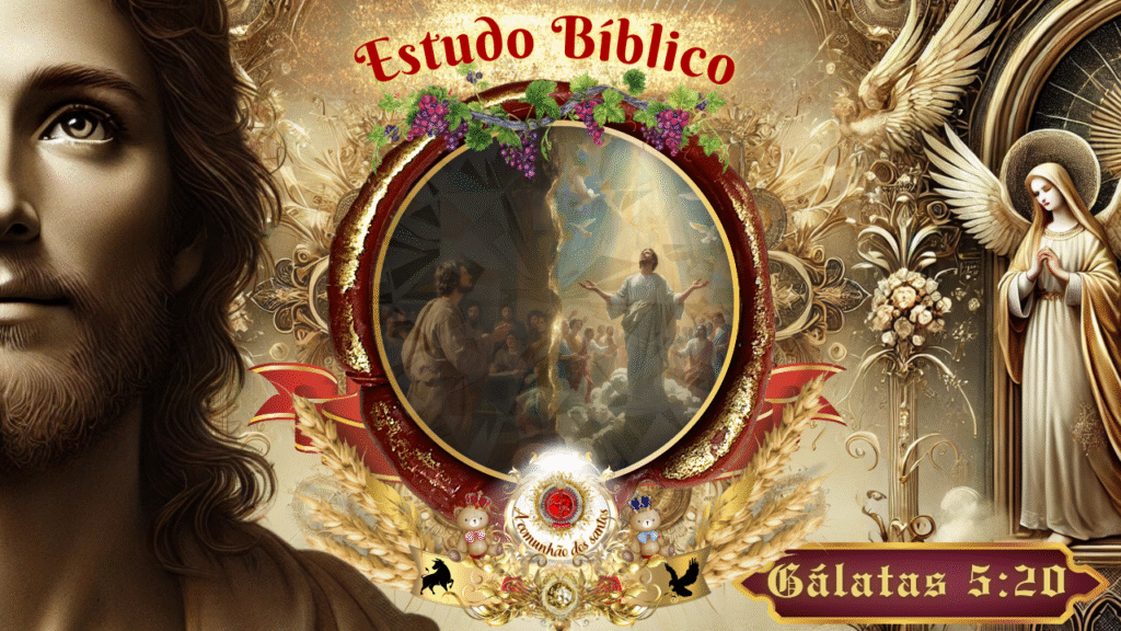 Imagem cristã com Jesus ao centro, luz celestial, anjos e fiéis em adoração, ilustrando o culto online da Deus e Nós Igreja Online com base em Gálatas 5:20.