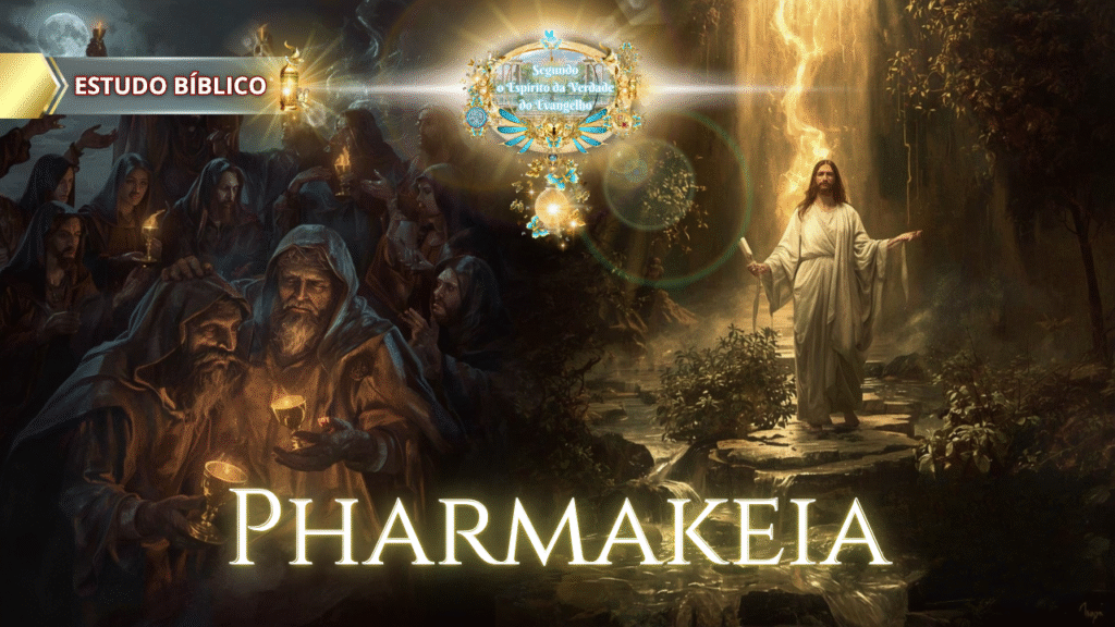 Imagem bíblica de contraste espiritual entre as obras das trevas e a luz de Cristo, representando a palavra grega "Pharmakeia" de Gálatas 5:20 — Estudo Bíblico da Deus e Nós Igreja Online.