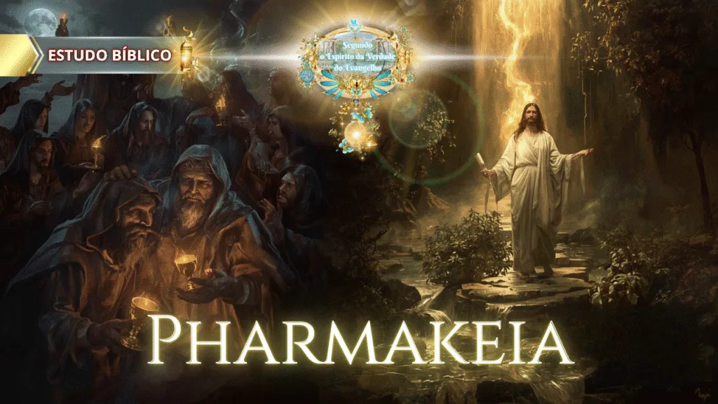 Imagem bíblica de contraste espiritual entre as obras das trevas e a luz de Cristo, representando a palavra grega "Pharmakeia" de Gálatas 5:20 — Estudo Bíblico da Deus e Nós Igreja Online.