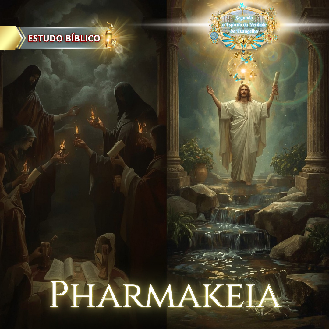 Imagem bíblica de contraste espiritual entre as obras das trevas e a luz de Cristo, representando a palavra grega "Pharmakeia" de Gálatas 5:20 — Estudo Bíblico da Deus e Nós Igreja Online.
