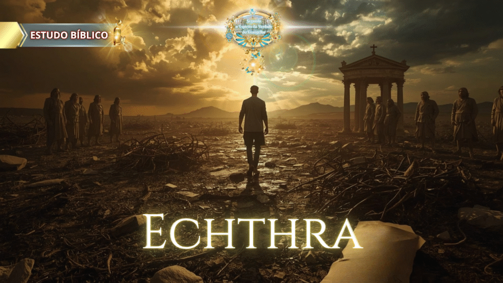 Homem solitário caminha entre multidões de pessoas em túnicas sob um céu dramático, com luz celestial descendo sobre ele, representando a palavra "Echthra" segundo Gálatas 5:20.