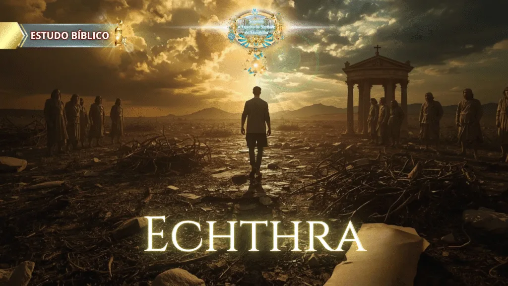 Homem solitário caminha entre multidões de pessoas em túnicas sob um céu dramático, com luz celestial descendo sobre ele, representando a palavra "Echthra" segundo Gálatas 5:20.