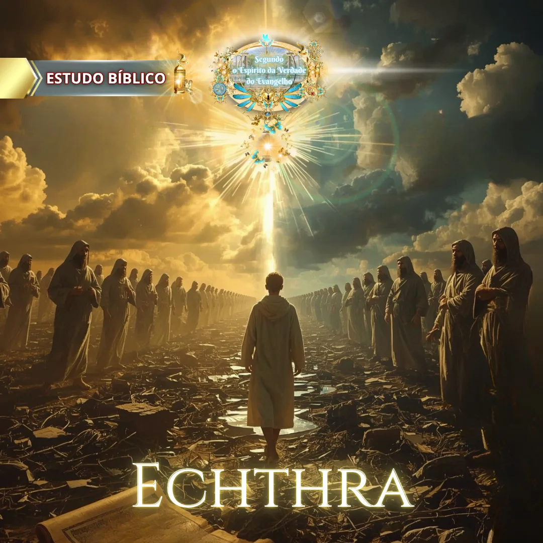 Homem solitário caminha entre multidões de pessoas em túnicas sob um céu dramático, com luz celestial descendo sobre ele, representando a palavra "Echthra" segundo Gálatas 5:20.