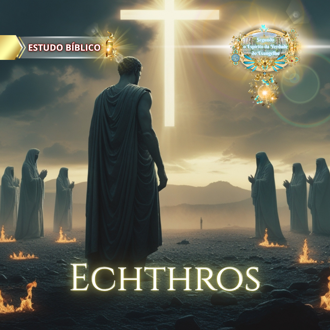 Homem de costas contemplando uma cruz brilhante no céu, cercado por pessoas em vestes claras, com fogo simbólico ao redor, representando a luta espiritual segundo Gálatas 5:20.