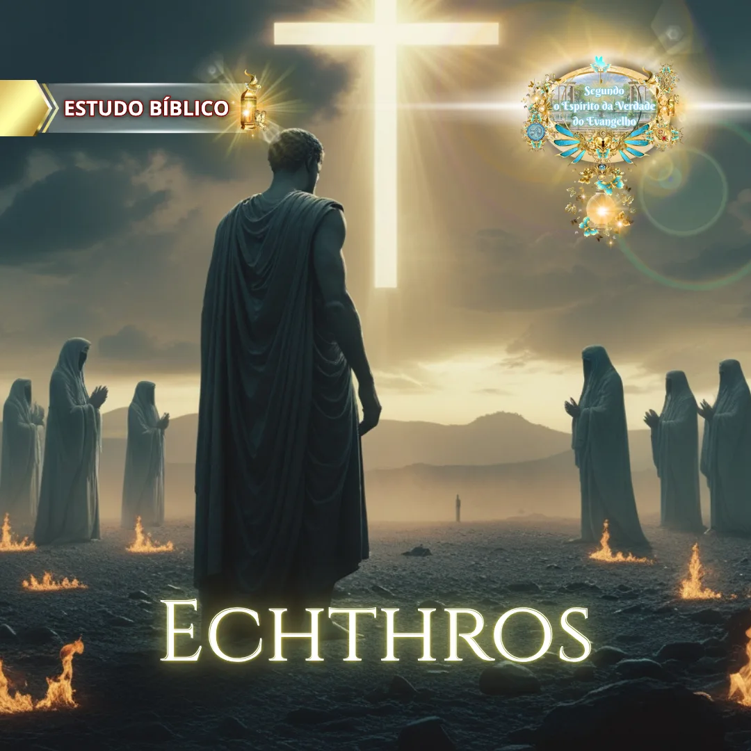 Homem de costas contemplando uma cruz brilhante no céu, cercado por pessoas em vestes claras, com fogo simbólico ao redor, representando a luta espiritual segundo Gálatas 5:20.