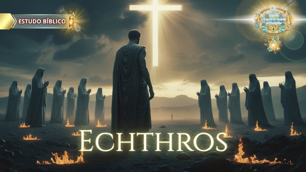 Homem de costas contemplando uma cruz brilhante no céu, cercado por pessoas em vestes claras, com fogo simbólico ao redor, representando a luta espiritual segundo Gálatas 5:20.
