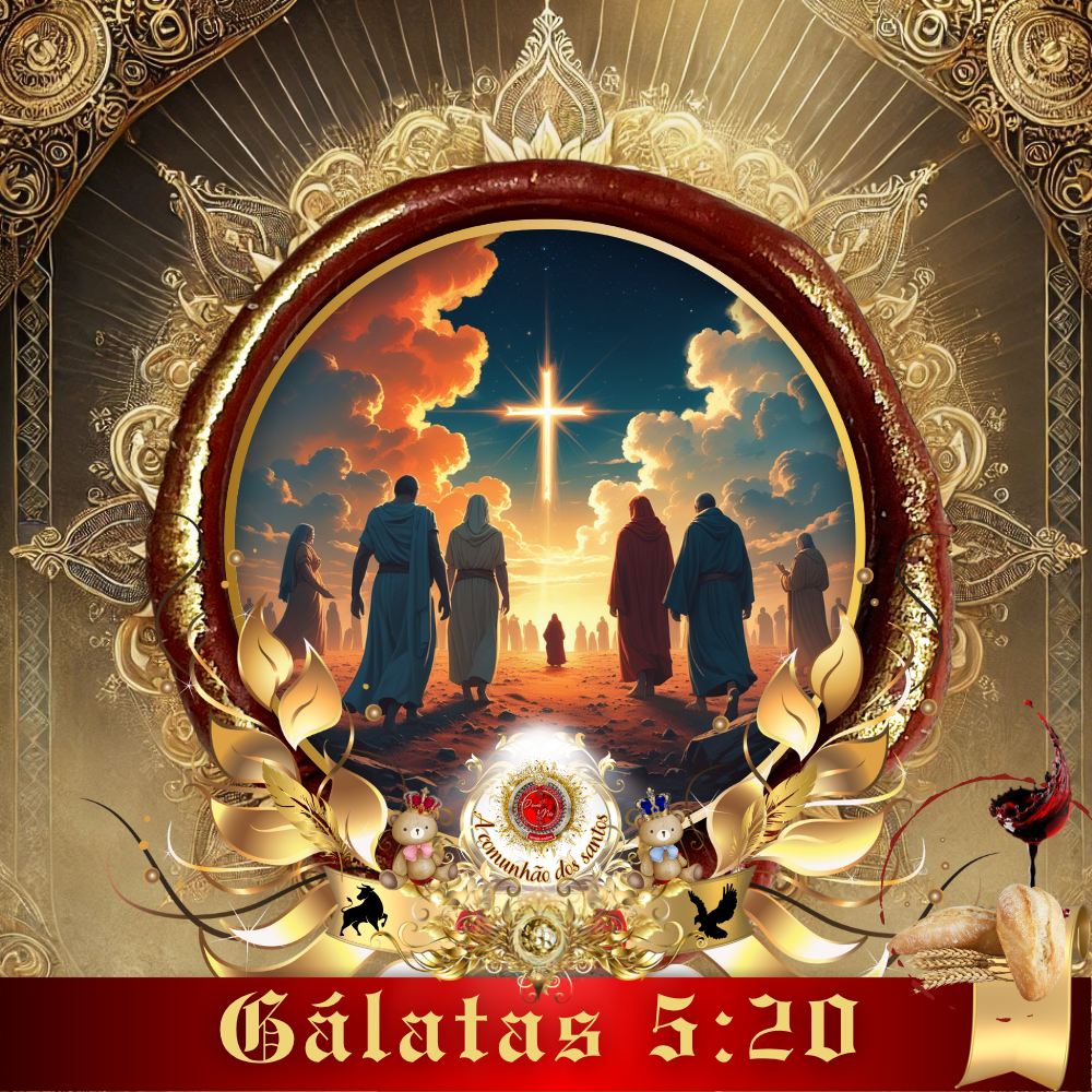 Arte sacra digital para o estudo bíblico sobre inimizade em Gálatas 5:20, da Deus e Nós Igreja Online. A imagem ilustra a comunhão dos santos caminhando em direção à cruz, com o rosto de Jesus Cristo em primeiro plano e um anjo em oração, simbolizando a jornada da fé e a reconciliação com Deus.