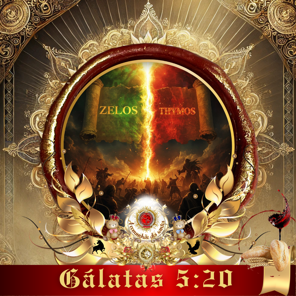 Imagem cristã de Gálatas 5:20 com destaque para as palavras gregas "Zelos" e "Thymos", representando discórdias e ira, em cenário simbólico de batalha espiritual, usada pela Deus e Nós Igreja Online.