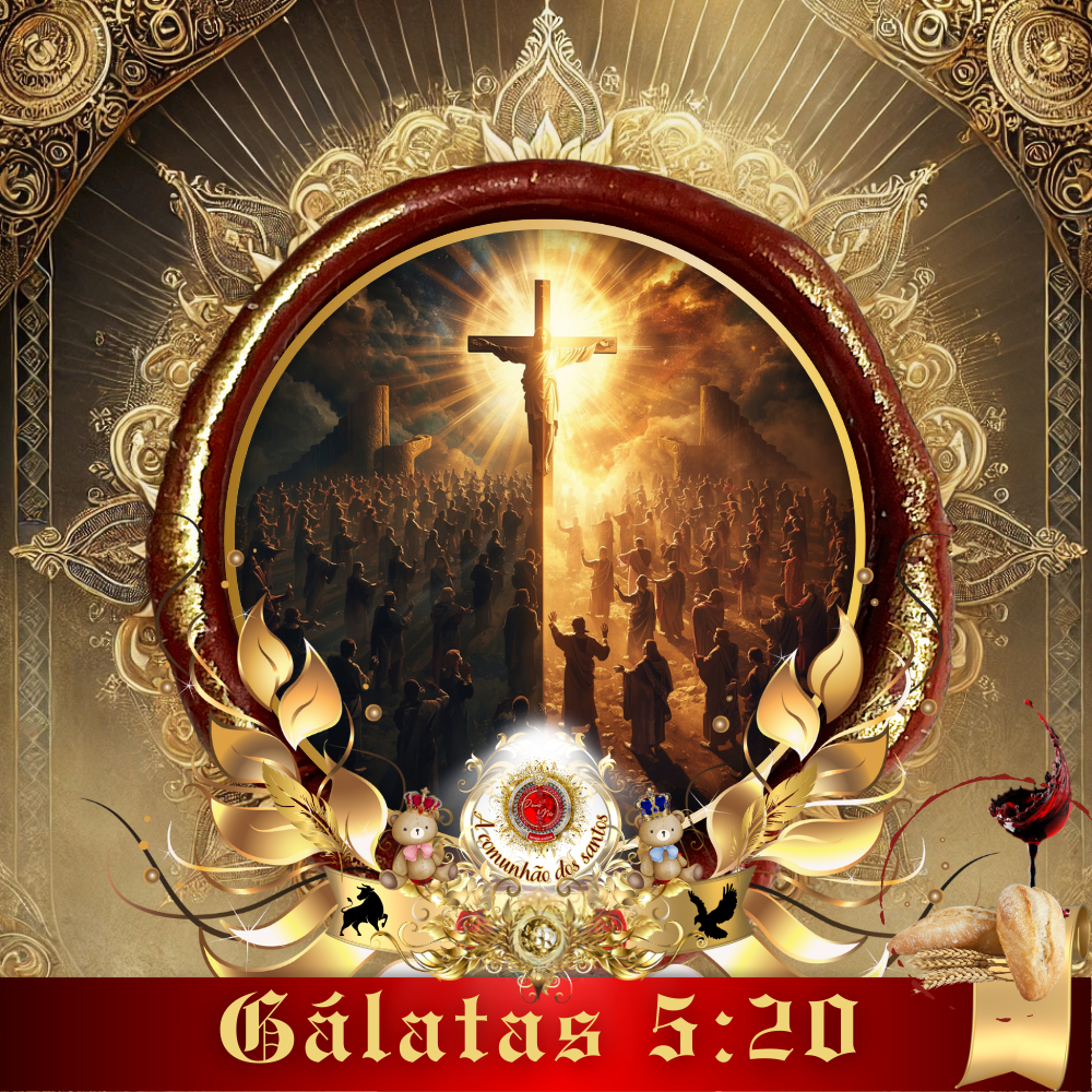 Imagem de culto online da Deus e Nós Igreja Online, com destaque para Jesus Cristo, anjos, a cruz iluminada e referência bíblica de Gálatas 5:20.