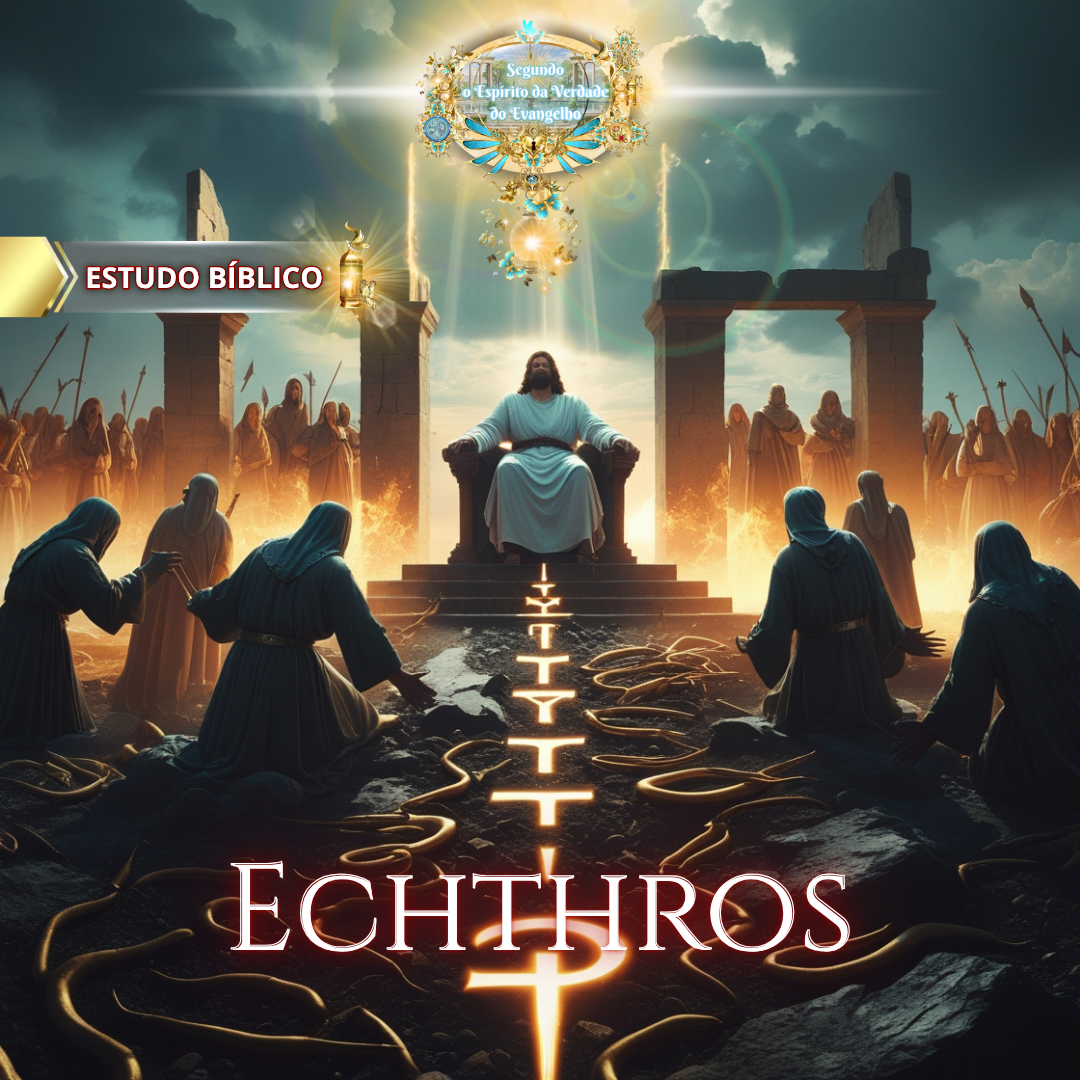 Jesus entronizado com cruz luminosa ao fundo, rodeado por homens em mantos, serpentes no chão e atmosfera celestial.