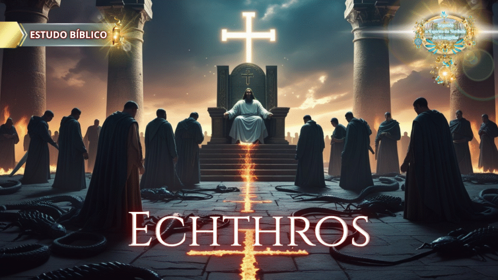Jesus entronizado com cruz luminosa ao fundo, rodeado por homens em mantos, serpentes no chão e atmosfera celestial.