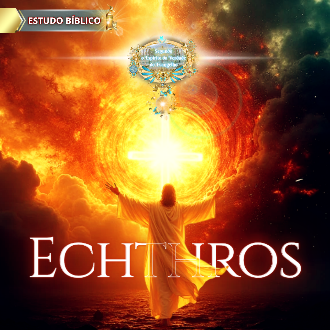 Jesus de costas com os braços erguidos diante de um portal de fogo celestial com uma cruz brilhante no centro. A palavra "Echthros" (inimigo em grego) está em destaque, representando a reconciliação do homem, antes inimigo de Deus; MAS através do Senhor Jesus Cristo, agora reconciliado tema do estudo bíblico da Deus e Nós Igreja Online.