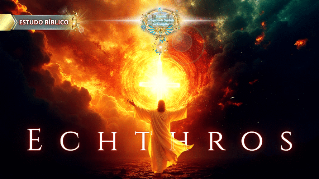 Jesus de costas com os braços erguidos diante de um portal de fogo celestial com uma cruz brilhante no centro. A palavra "Echthros" (inimigo em grego) está em destaque, representando a reconciliação do homem, antes inimigo de Deus; MAS através do Senhor Jesus Cristo, agora reconciliado tema do estudo bíblico da Deus e Nós Igreja Online.