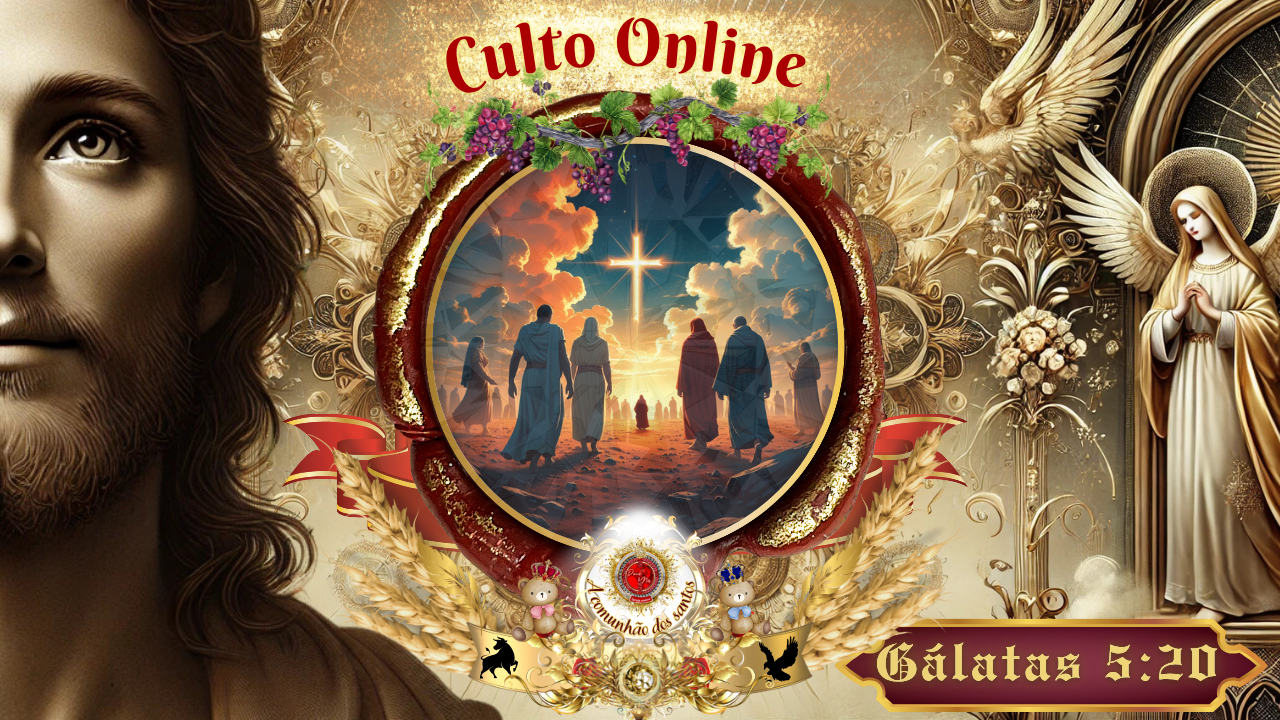 Arte sacra digital para o estudo bíblico sobre inimizade em Gálatas 5:20, da Deus e Nós Igreja Online. A imagem ilustra a comunhão dos santos caminhando em direção à cruz, com o rosto de Jesus Cristo em primeiro plano e um anjo em oração, simbolizando a jornada da fé e a reconciliação com Deus.