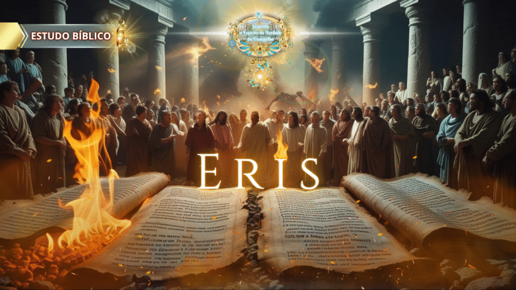 Imagem do estudo bíblico sobre Eris (contenda), mostrando um livro antigo, representando a Palavra de Deus, rasgado e queimando ao meio, simbolizando a divisão e a porfia, uma das obras da carne. Uma multidão observa ao fundo, sob o logo do "Segundo o Espírito da Verdade do Evangelho".