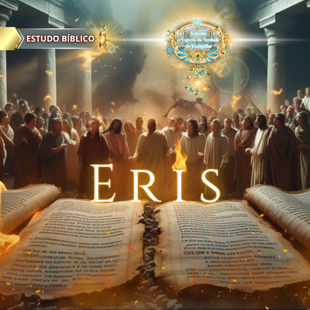 Imagem do estudo bíblico sobre Eris (contenda), mostrando um livro antigo, representando a Palavra de Deus, rasgado e queimando ao meio, simbolizando a divisão e a porfia, uma das obras da carne. Uma multidão observa ao fundo, sob o logo do "Segundo o Espírito da Verdade do Evangelho".