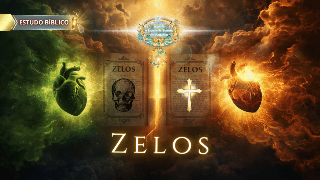 Ilustração teológica sobre a dualidade do Zelo (Zelos). À esquerda, o zelo carnal representado por uma caveira e um coração doente. À direita, o zelo de Deus, com uma cruz e um coração em chamas, separado por uma luz divina. Estudo Bíblico da Deus e Nós Igreja Online.