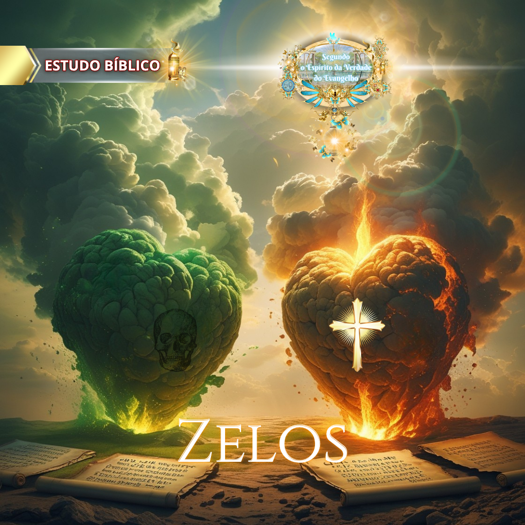 Ilustração teológica sobre a dualidade do Zelo (Zelos). À esquerda, o zelo carnal representado por uma caveira e um coração doente. À direita, o zelo de Deus, com uma cruz e um coração em chamas, separado por uma luz divina. Estudo Bíblico da Deus e Nós Igreja Online.