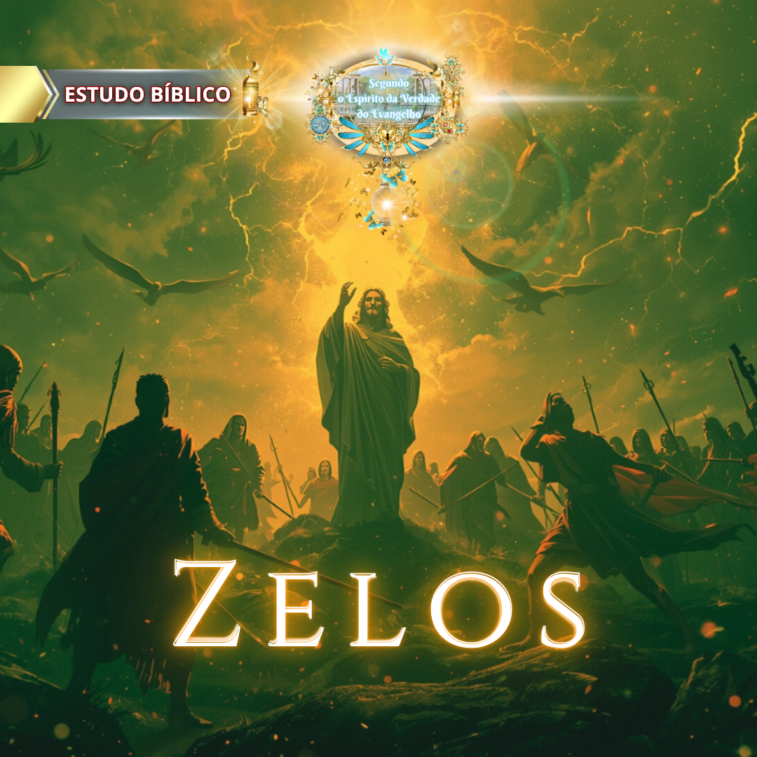 Ilustração artística para o estudo bíblico sobre "Zelos". Jesus Cristo está de pé sobre uma rocha, iluminado, com a mão levantada diante de uma multidão de seguidores armados. O céu é dramático, e o título "Zelos" está em destaque, representando o zelo santo versus o zelo carnal.