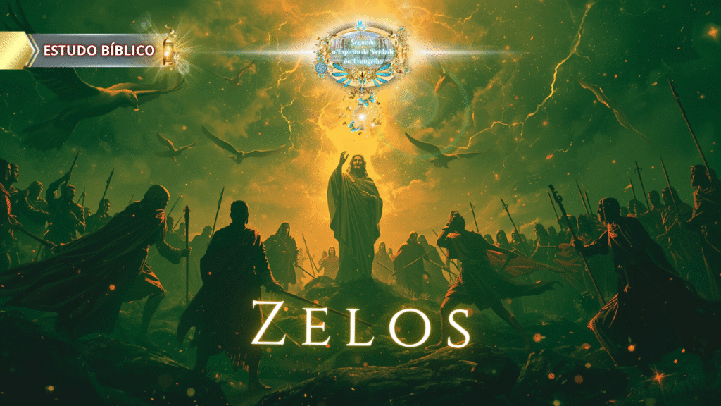 Ilustração artística para o estudo bíblico sobre "Zelos". Jesus Cristo está de pé sobre uma rocha, iluminado, com a mão levantada diante de uma multidão de seguidores armados. O céu é dramático, e o título "Zelos" está em destaque, representando o zelo santo versus o zelo carnal.