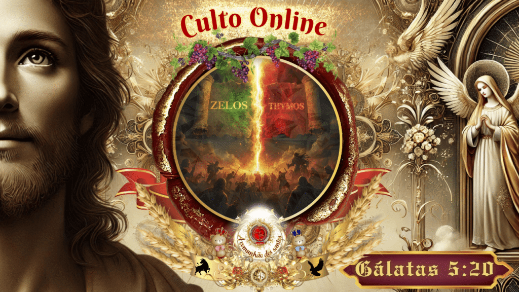 Imagem cristã de Gálatas 5:20 com destaque para as palavras gregas "Zelos" e "Thymos", representando discórdias e ira, em cenário simbólico de batalha espiritual, usada pela Deus e Nós Igreja Online.