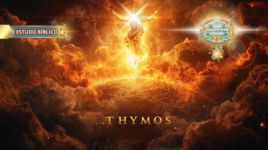 Imagem cristã retratando a palavra grega "Thymos" (ira, furor) com Jesus glorificado sobre a Terra, envolto em luz e nuvens, simbolizando o juízo e a vitória do Espírito, usada no estudo bíblico online de Gálatas 5:20 pela Deus e Nós Igreja Online.