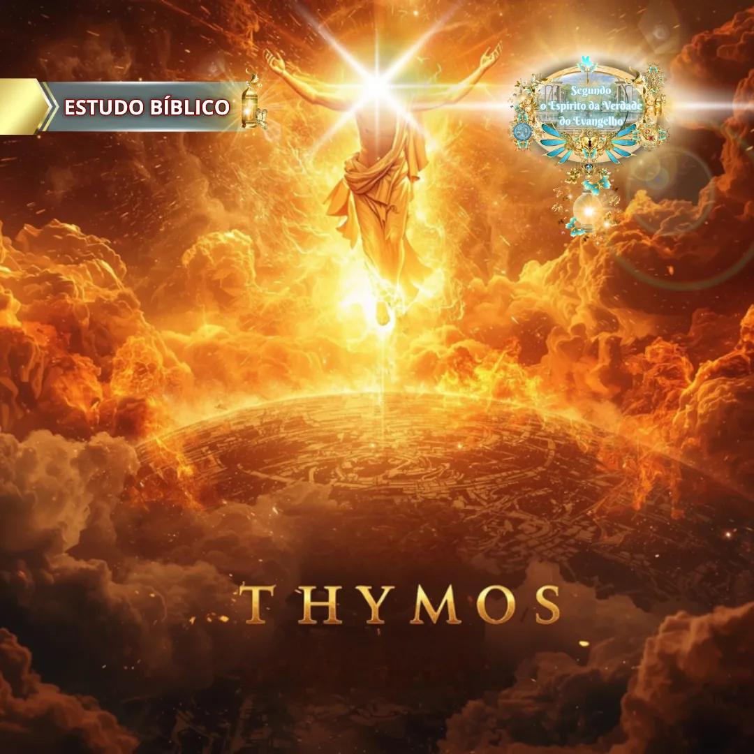 Imagem cristã retratando a palavra grega "Thymos" (ira, furor) com Jesus glorificado sobre a Terra, envolto em luz e nuvens, simbolizando o juízo e a vitória do Espírito, usada no estudo bíblico online de Gálatas 5:20 pela Deus e Nós Igreja Online.