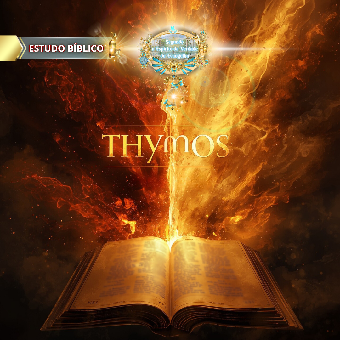 Imagem cristã com a palavra grega "Thymos" sobre uma Bíblia aberta, com chamas e luz celestial, simbolizando a revelação bíblica de Gálatas 5:20 sobre a ira como obra da carne, produzida pela Deus e Nós Igreja Online.