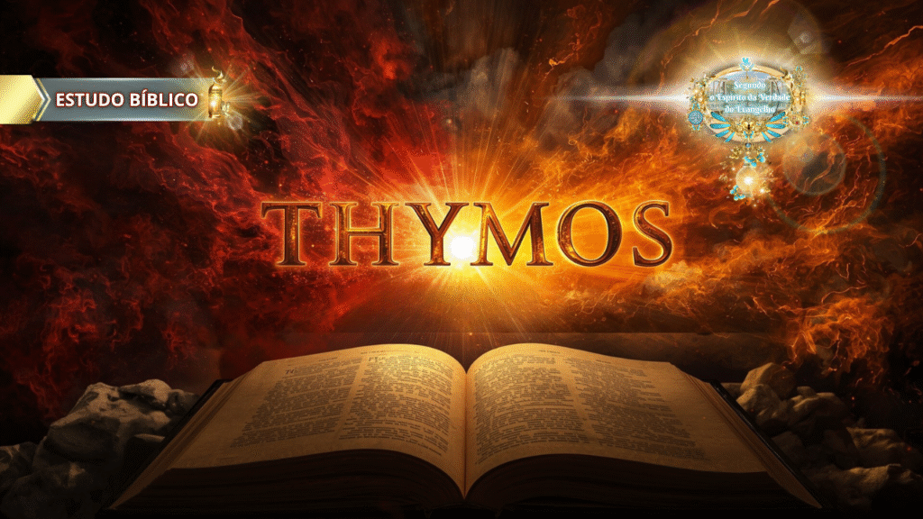 Imagem cristã com a palavra grega "Thymos" sobre uma Bíblia aberta, com chamas e luz celestial, simbolizando a revelação bíblica de Gálatas 5:20 sobre a ira como obra da carne, produzida pela Deus e Nós Igreja Online.