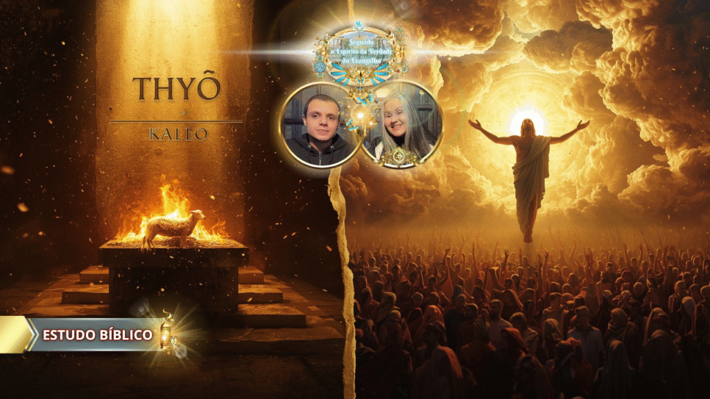 Imagem cristã com o termo grego "Thyô" e "Kaleo", representando sacrifício e chamado divino, mostrando cordeiro no altar em chamas e Jesus glorificado entre nuvens, com multidão de adoradores, produzida pela Deus e Nós Igreja Online.