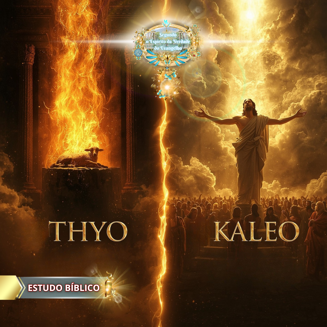 Imagem cristã com o termo grego "Thyô" e "Kaleo", representando sacrifício e chamado divino, mostrando cordeiro no altar em chamas e Jesus glorificado entre nuvens, com multidão de adoradores, produzida pela Deus e Nós Igreja Online.