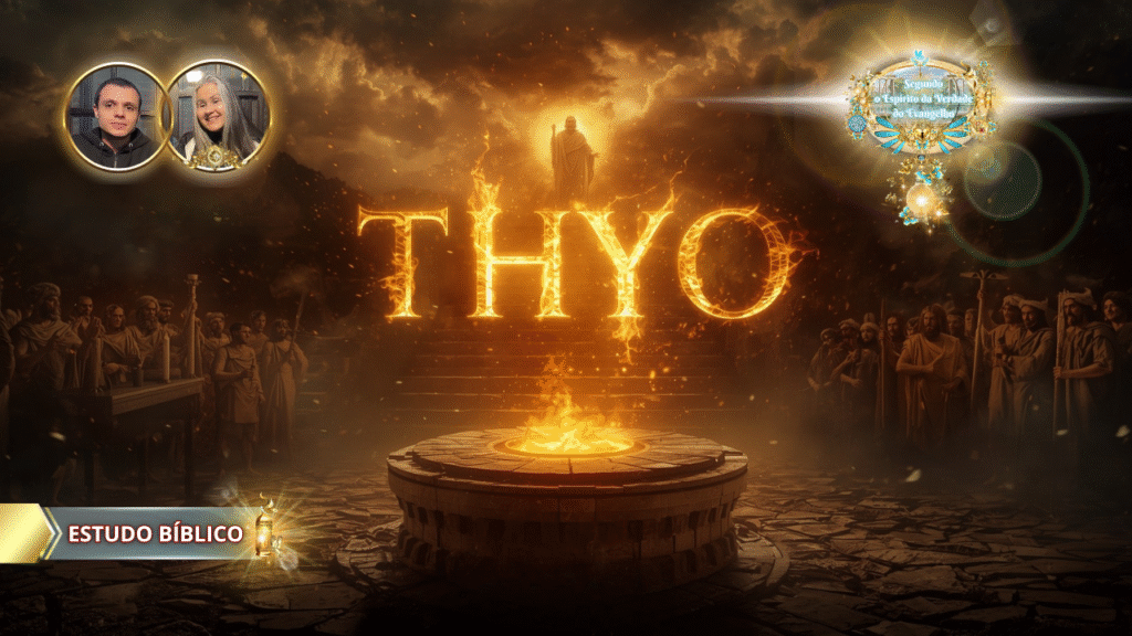 Imagem bíblica com a palavra grega "Thyô" em letras flamejantes diante de altar em chamas, cercado por discípulos e sacerdotes, simbolizando sacrifício espiritual, produzida para estudo bíblico da Deus e Nós Igreja Online.