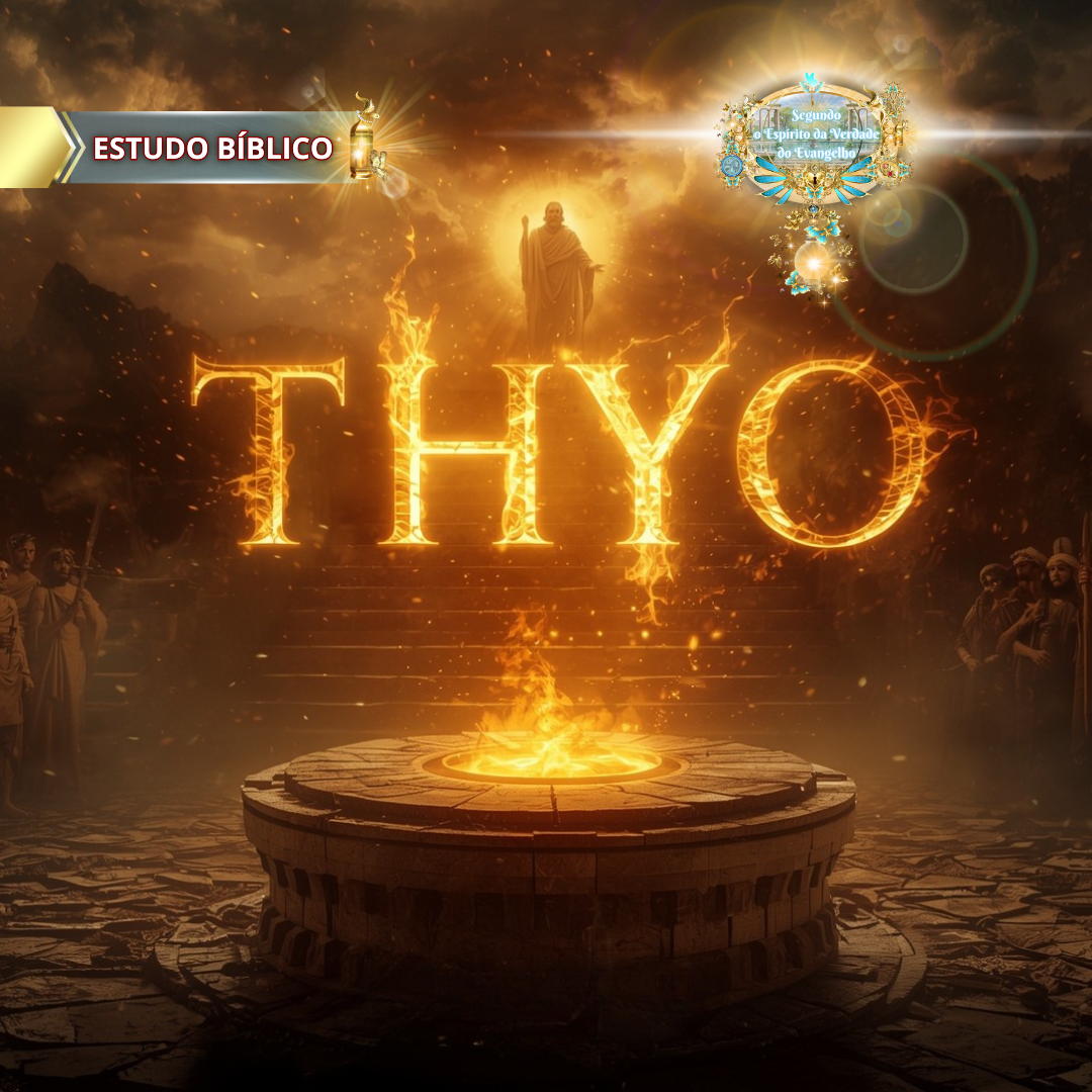 Imagem bíblica com a palavra grega "Thyô" em letras flamejantes diante de altar em chamas, cercado por discípulos e sacerdotes, simbolizando sacrifício espiritual, produzida para estudo bíblico da Deus e Nós Igreja Online.
