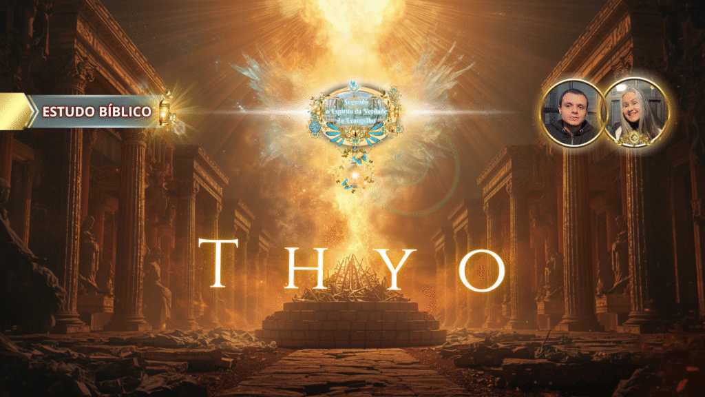 Imagem bíblica com a palavra grega "Thyô" em letras flamejantes diante de altar em chamas, cercado por discípulos e sacerdotes, simbolizando sacrifício espiritual, produzida para estudo bíblico da Deus e Nós Igreja Online.